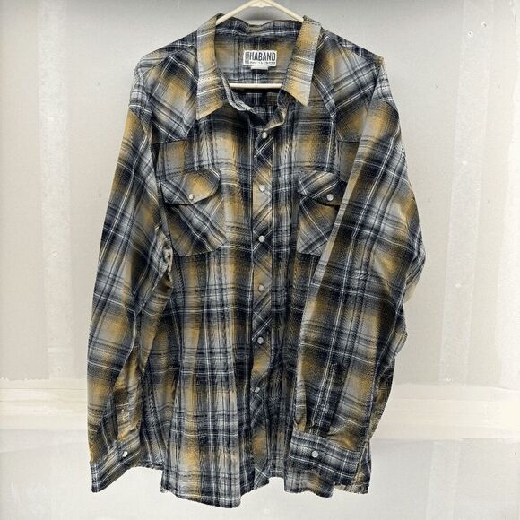 Haband 2XL Men's Long Sleeve Pearl Snap Black Yellow Plaid Chambray Western - Picture 1 of 3